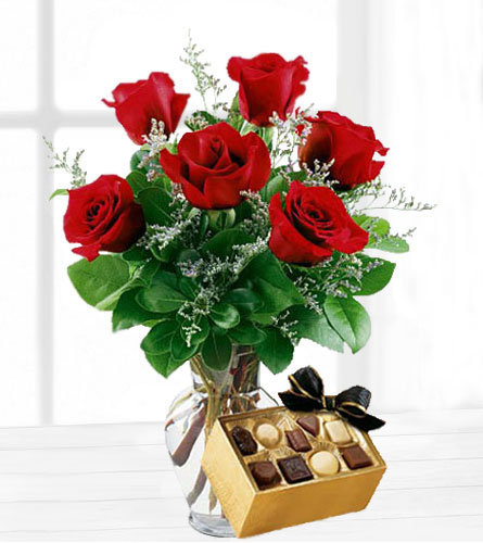 Six Vased Red Roses with Chocolates