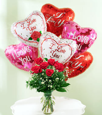 Soaring Dozen - Six Vased Red Roses & Six Love Balloons