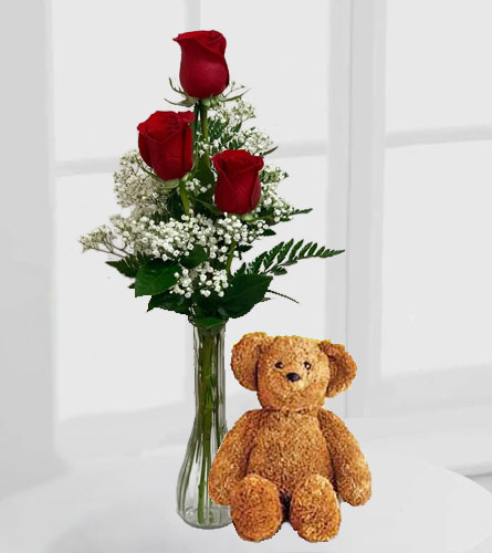 Three Vased Red Roses & Bear
