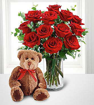 FTD's Dozen Vased Red Roses with Large Bear